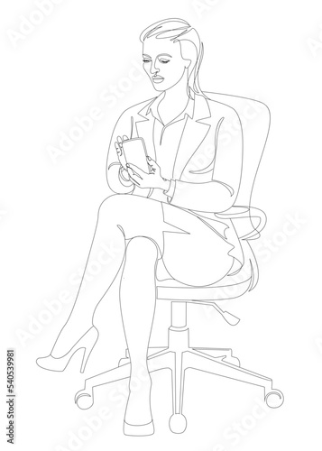 Silhouette of a girl in a modern single line style. A woman is sitting on a chair, talking on the phone. Continuous line, outline, posters, wall art, stickers, logo. Vector illustration.