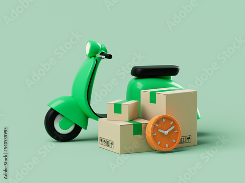 Simple cartoon scooter with delivery packages and clock near it 3d render illustration.