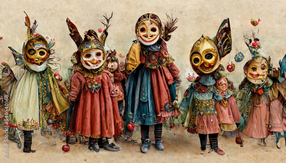 Christmas carnival for children. Festive costumes and masks.