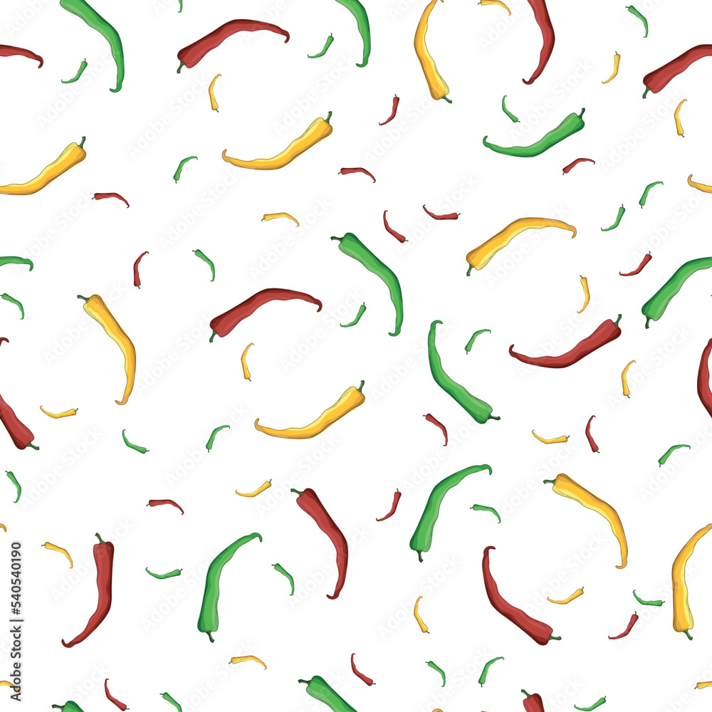 Fototapeta premium hot chili seamless pattern on white background, yellow red green hot pepper in chaotic order, hot pepper design for kitchen