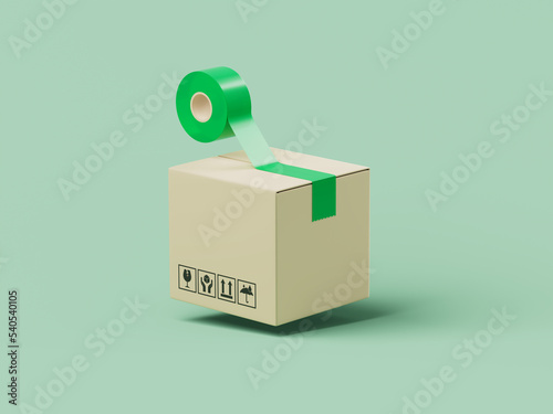 Simple cartoon delivery box packing with green adhesive tape 3d render illustration.