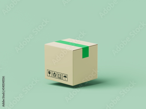 Simple cartoon cardboard delivery box with adhesive tape 3d render illustration.