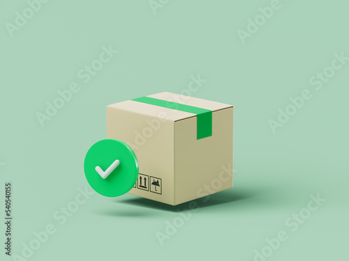 Simple cartoon delivery box with green check mark 3d render illustration.