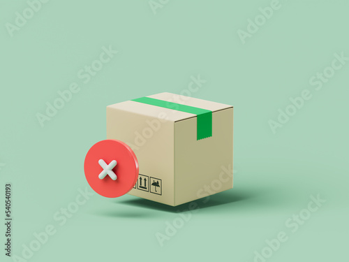 Simple cartoon delivery box with red error mark 3d render illustration.
