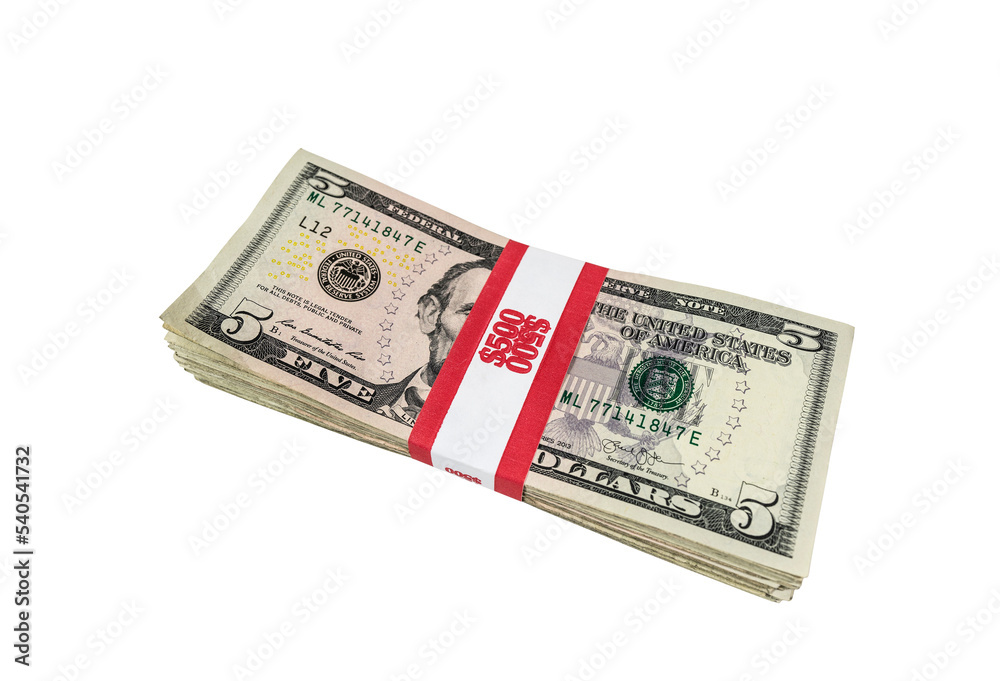 Pack of five dollar bills with $500 paper currency strap isolated. Pack of five dollar bills with $500 paper currency strap isolated.