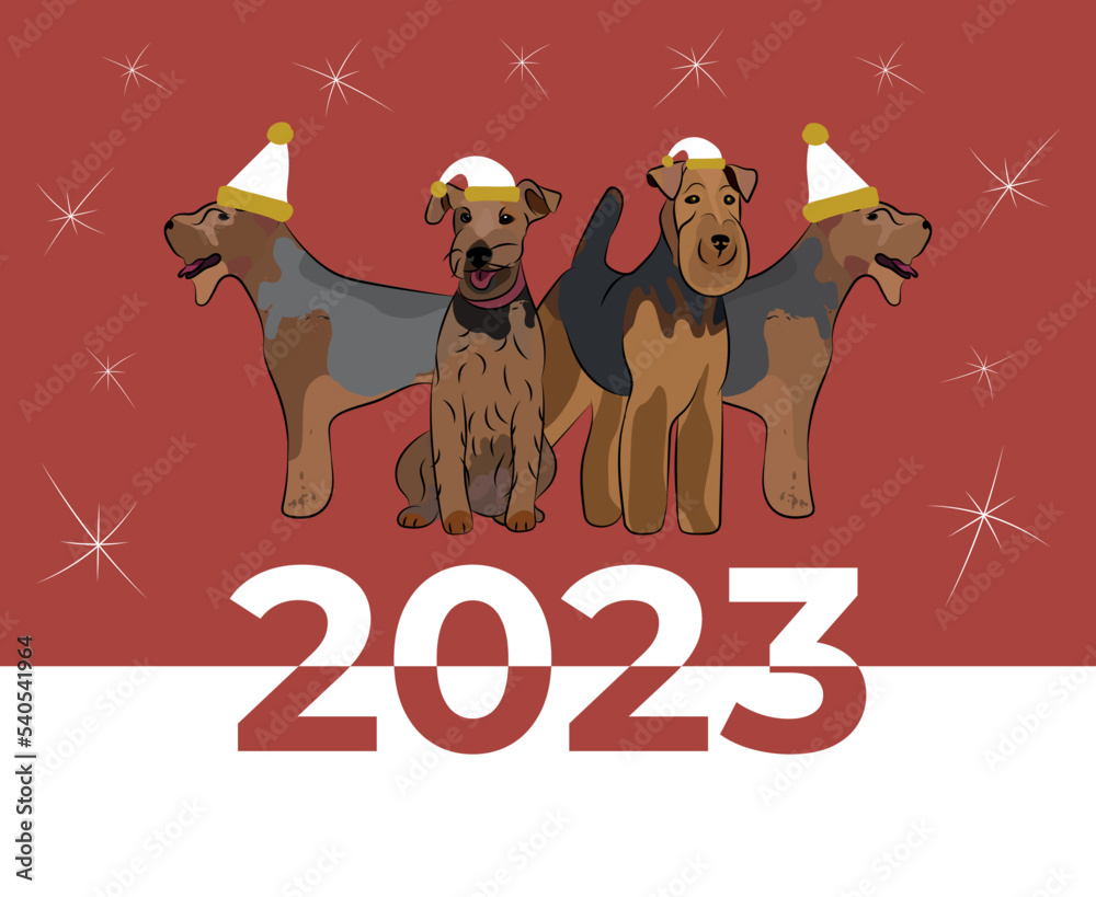 Fototapeta premium Welshie dog drawing. Cute dog characters in various poses, designs for prints, adorable and cute Christmas Welsh Terrier breed cartoon vector set, in different poses in hats. WT smiling cute pet.