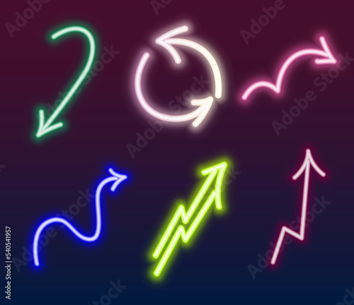 Set of different icons. Vector illustration of neon colorful arrows with different directions. Isolated on dark background.