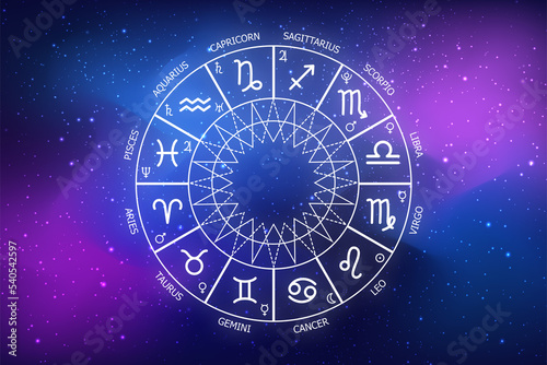 Zodiac circle on the background of the dark cosmos. Astrology. The science of stars and planets