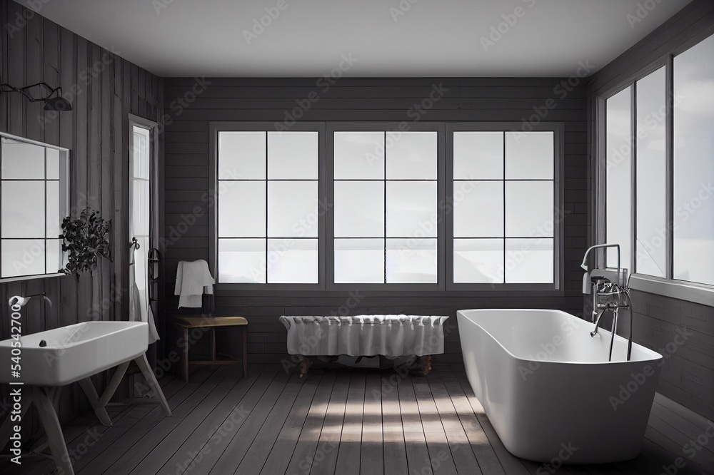 Fototapeta premium Farmhouse bathroom with shiplap wall . Interior mockup. 3d render.