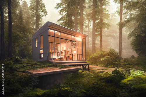 Stampa su tela Illustration of modern minimalistic cabin house in the forest
