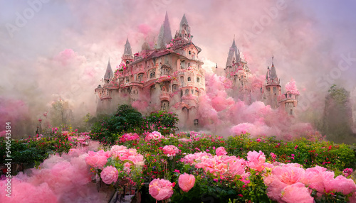 Magical unusual fairy-tale palaces, flower beds with roses.