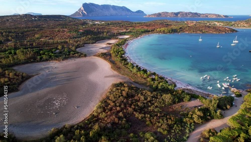 Sardegnia island nature scenery and best beaches. Aerial drone panoramic view of beautiful Brandinchi beach over sunset. Italy summer holidays