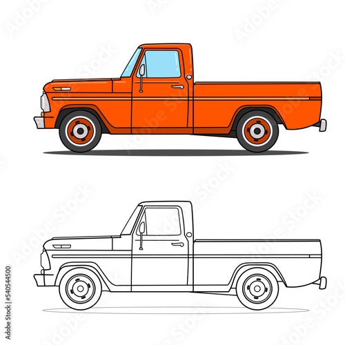 Pick-up truck side view, vintage style. Outline vector doodle illustration