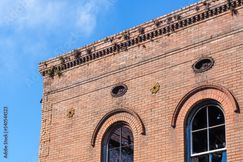 Upper Corner of Old Abandoned Red Brick Building with Arched Windows and Sprouting Weeds on October 22, 2022 in New Orleans, Louisiana, USA photo