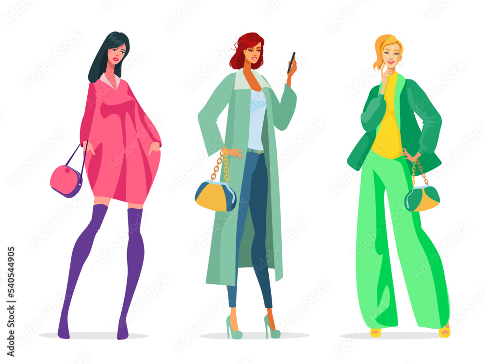Three female fashion models standing on the runway in winter clothes. 2022 autumn winter collection. Three female fashion models standing on the runway in winter clothes. 2022 autumn winter collection.