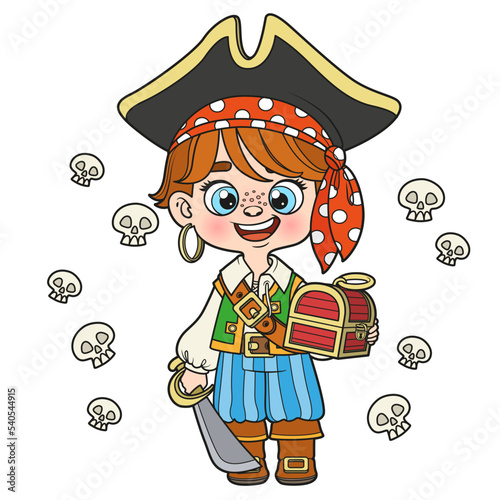 Cute cartoon pirate boy with saber and chest color variation for coloring page on white background