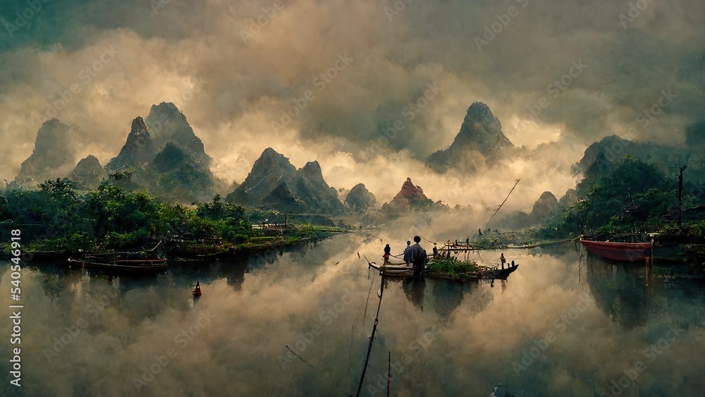 fisherman village, chinese - obrazy, fototapety, plakaty 