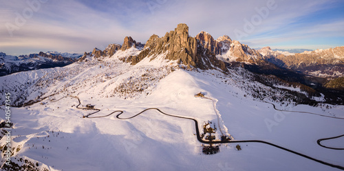 Aerial view of Passo Giau with snow in winter, Dolomites, Italy photo