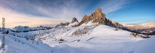 Aerial view of Passo Giau with snow in winter, Dolomites, Italy
