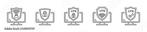 VPN icon set. Network security antivirus vpn privacy. Сomputer with secure VPN connection concept. Data protection. Cyber security, secure web traffic. Secure VPN service used on computer. Vector