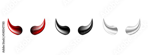 Devil horn set. Black, red and white demon or satan Halloween carnival elements.