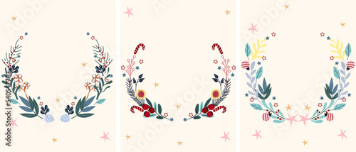 Winter card with bright Christmas wreath, flowers, candy, pine branch, pine cone, balls. Concept Christmas and New Year. Vector.