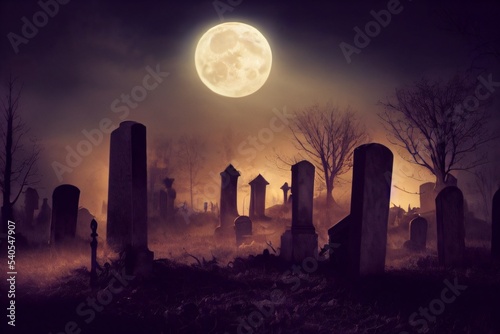 spooky halloween night at eerie churchyard graveyard