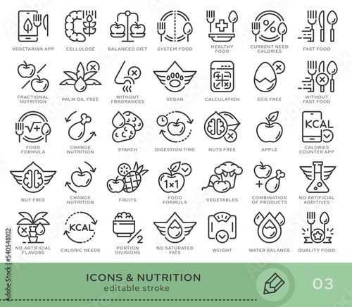 Set of conceptual icons. Vector icons in flat linear style for web sites, applications and other graphic resources. Set from the series - Nutrition. Editable stroke icon.