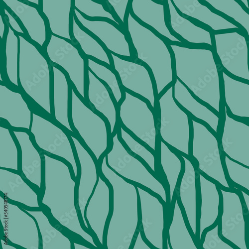 Geometric seamless pattern with intersecting lines similar stylization plant leaves.Modern stylish abstract texture in green.Doodle ornament with stylized leaves.For fashion fabric,textile,home decor