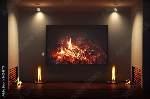 Mock up poster frame in dark interior background with fireplace, 3d render