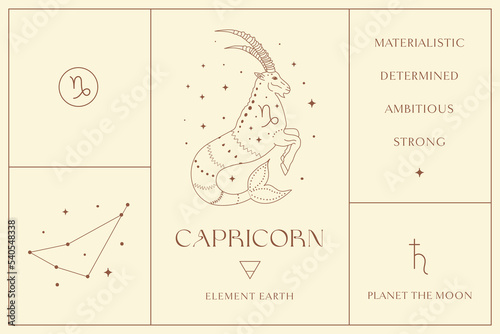 Capricorn Zodiac Sign Design Illustrations. Esoteric Vector Element, Icon