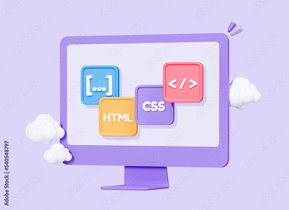 3D Computer monitor and program code development. Web coding concept ...
