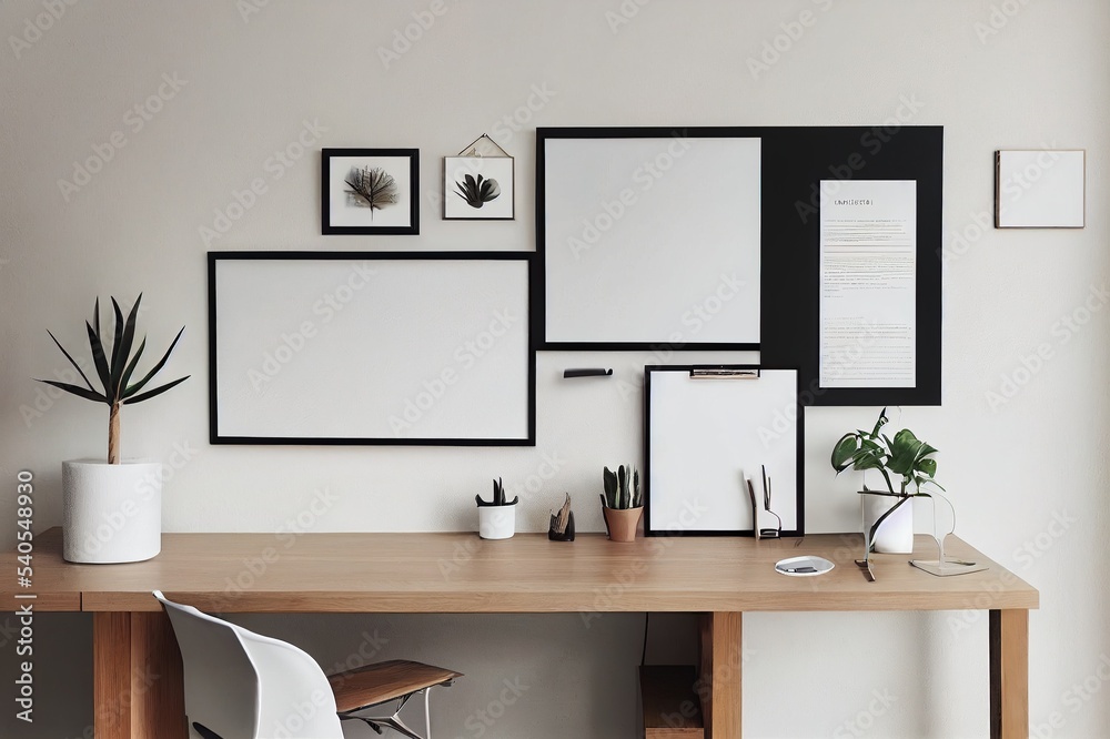 Modern and design home interior of open space with wooden desk, office supplies, mock up poster frame, a lot of plants, notes and elegant accessories. Stylish and minimalistic home decor. Template.