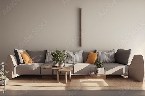 Interior of living room with wooden triangular coffee table and grey sofa, scandinavian style, 3d rendering