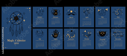 Magic witch esoteric boho style calendar planner abstract design element concept illustration set