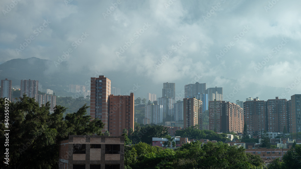 Medellin City Scape Typical Brick Buildings in the Morning Clouds