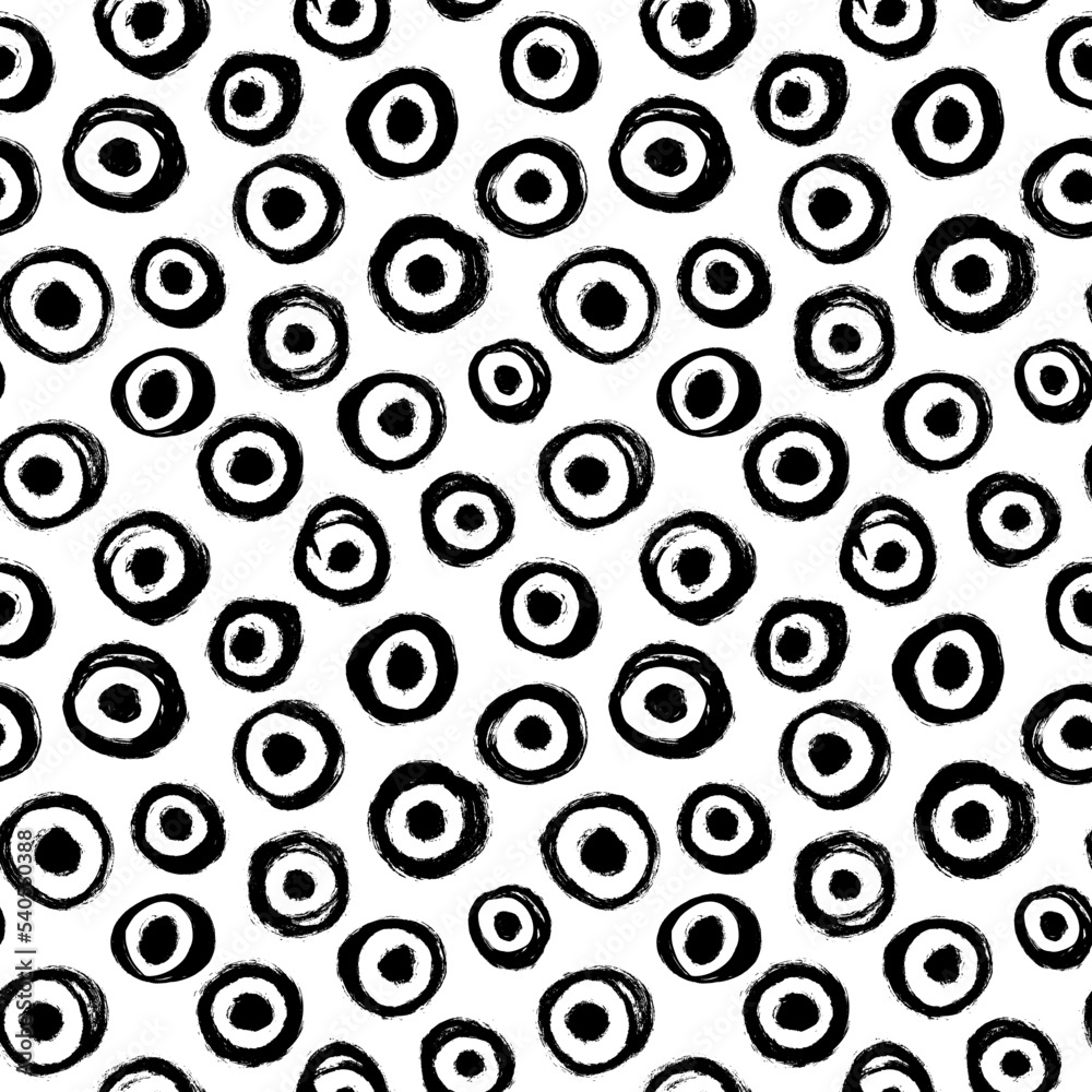 Seamless pattern with circles and round frames. Hand drawn round shapes, bold blobs and splots with rough edges. Polka dot ornament. Vector black ink pattern. Grunge circles, dry brush strokes. Seamless pattern with circles and round frames. Hand drawn round shapes, bold blobs and splots with rough edges. Polka dot ornament. Vector black ink pattern. Grunge circles, dry brush strokes.