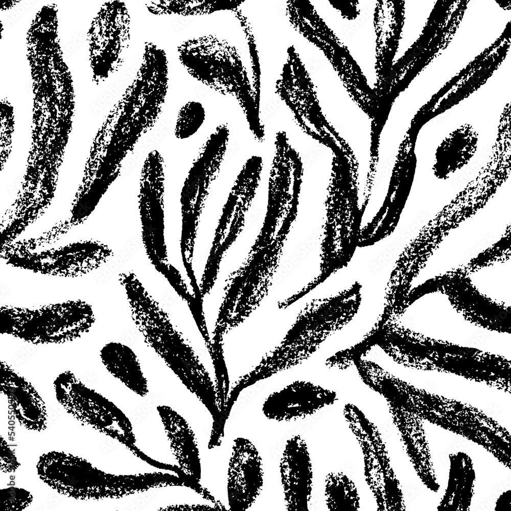 Branches with long rounded leaves seamless pattern. Hand drawn charcoal or chalk texture. Silhouettes of tropical fern leaves. Botanical seamless pattern with dry brush drawn branches. 
