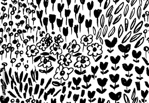 Floral seamless pattern with wild flowers in doodle style. Field and meadow motif. Chamomiles, poppies and wild herbs. Brush drawn vector botanical ornament with small stems and leaves. 