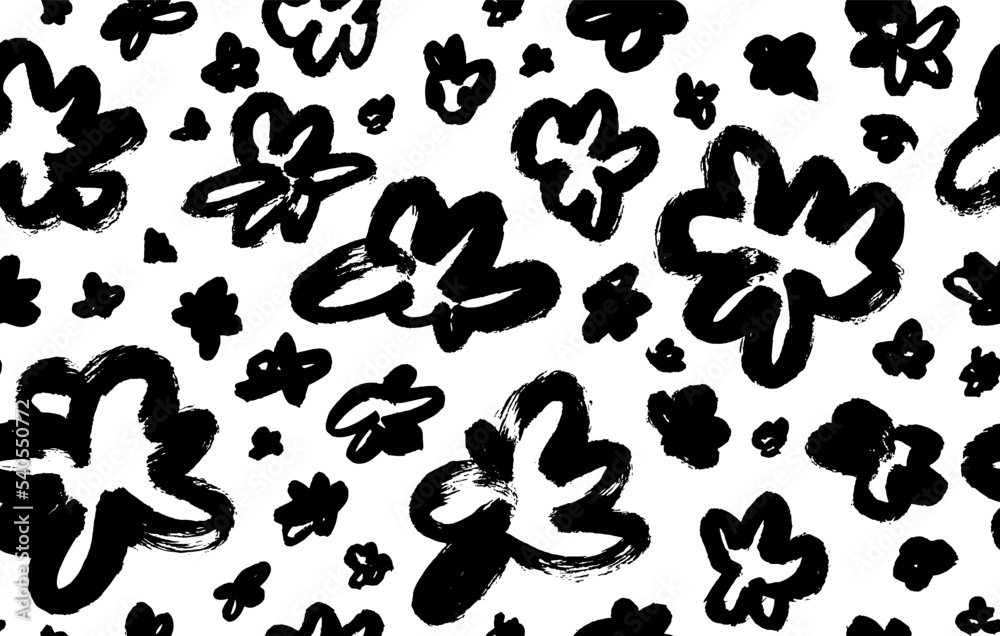 Childish style flowers seamless pattern. Abstract botanical elements. Brush drawn black floral silhouettes. Graphic sketch drawing of small daisies, simple chamomiles. Black ink illustration. Childish style flowers seamless pattern. Abstract botanical elements. Brush drawn black floral silhouettes. Graphic sketch drawing of small daisies, simple chamomiles. Black ink illustration.