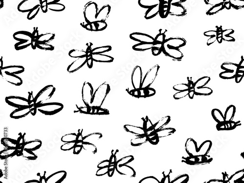 Childish style bees seamless pattern. Brush drawn abstract black flying bees. Random black and white butterflies silhouettes pattern. Trendy animal motif vector ornament. Simple insects. 