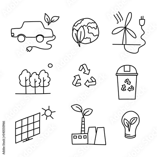 hand drawn icons about ecology, energy economy