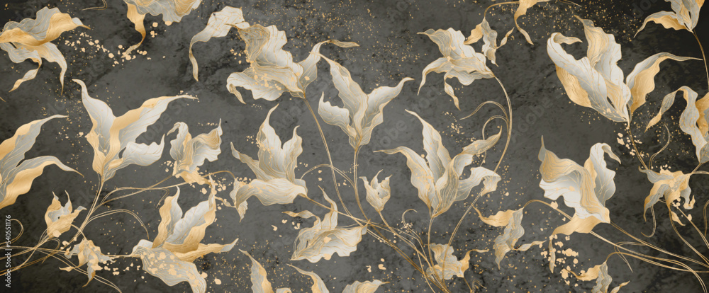 Luxury art background with flowers in golden line style with watercolor texture. Hand drawn botanical banner for wallpaper design, decor, print, packaging, interior, textile.