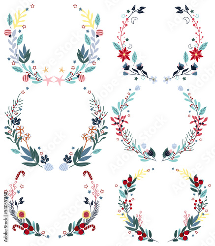 Bright Christmas wreath, poinsettia, candy, colorful leaves, pine branch, stars, balls. Concept Christmas and New Year. Perfect for greeting cards, poster, postcard, banner. Vector.