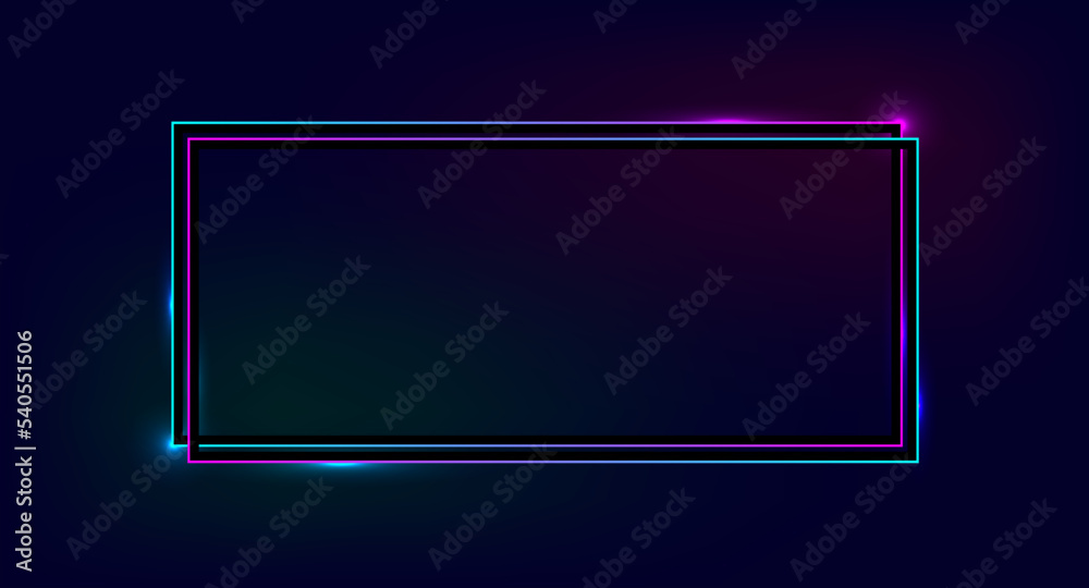 Neon double rectangular frame with shining effects on a dark background. Neon double rectangular frame with shining effects on a dark background.