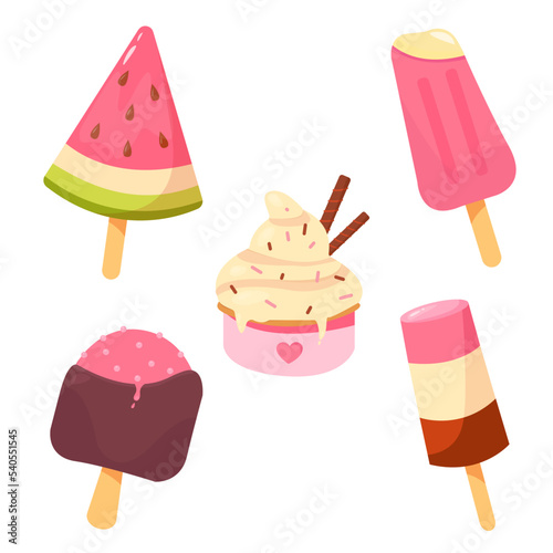 Ice cream of different types creamy strawberry chocolate popsicle on a stick in a cup vector