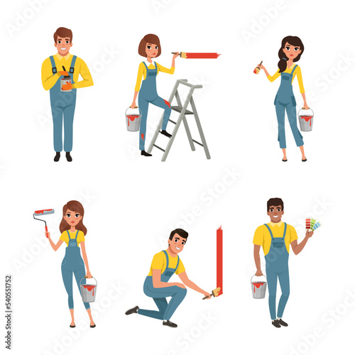 Male and Female House Painter in Overall Standing with Roller and Bucket Vector Set