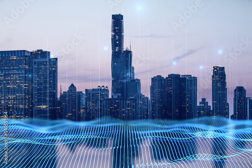 Fototapeta Naklejka Na Ścianę i Meble -  Creative digital night city background. Connect and abstract smart network concept. Double exposure.