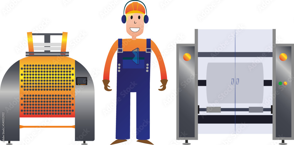 custom made wallpaper toronto digitalvector illustration of a worker in a helmet and headphones with a plastic film roller machine