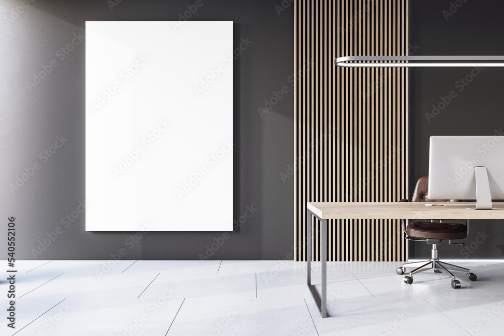 Front view on blank white poster with space for your logo or text on dark wall in stylish cabinet with slatted wall decor, wooden table with modern computer and concrete floor. 3D rendering, mock up - obrazy, fototapety, plakaty 